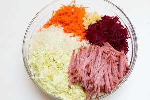 Beet Carrot and Cabbage Salad ingredients in a bowl