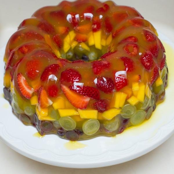 Jello Fruit Cake Dessert on a serving tray