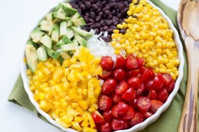 Black Bean Corn Salad on a plate laid into sections
