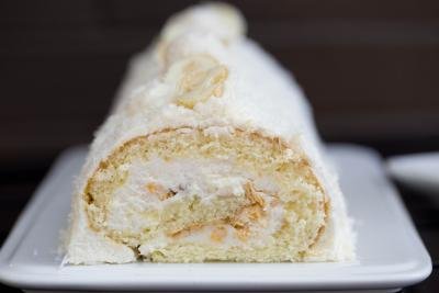 Raffaello Cake Roll on a long tray