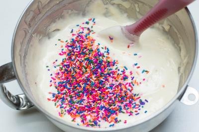 Sprinkles added into the mixing bowl with the batter