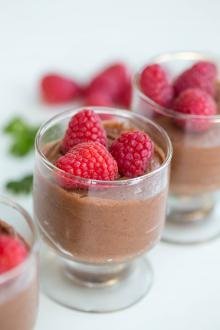 Chocolate Mousse in little cups with raspberries on top
