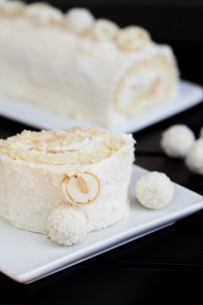 Raffaello Cake Roll slice on a plate