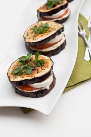 Eggplant Sandwiches in a row on a long plate