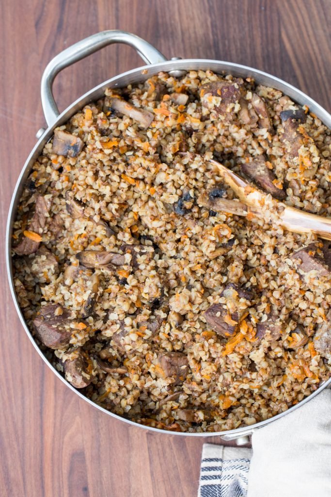 Stewed Buckwheat and Beef in a deep skillet