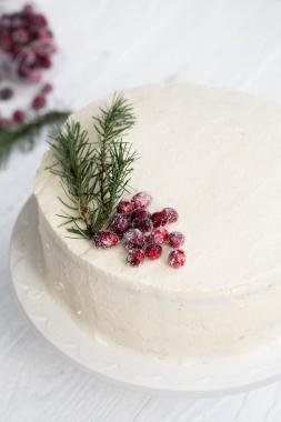 White Chocolate Cranberry Cake on a serving tray
