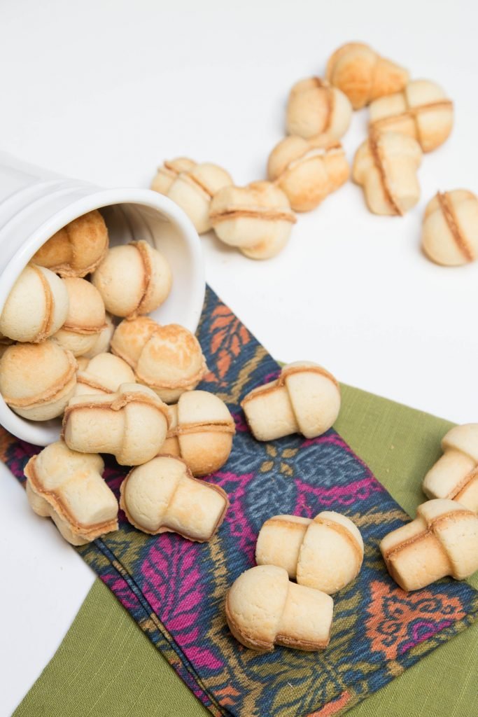 Mushroom Cookies spread on a table covered with a table napkin