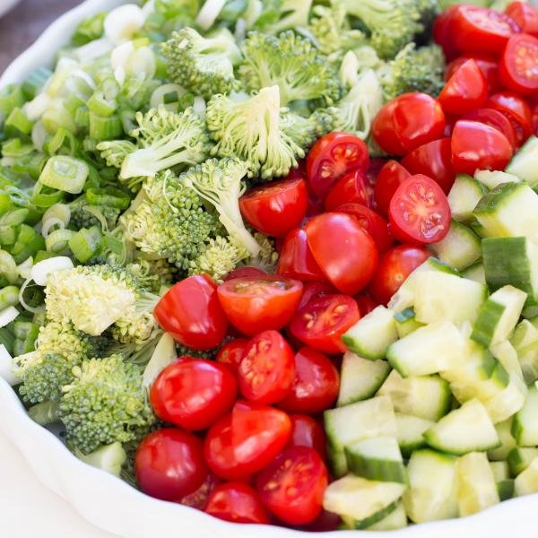 Broccoli Cucumber and Tomato Salad in bowl