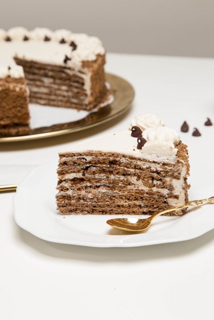 Chocolate-honey Layer Cake slice on a plate