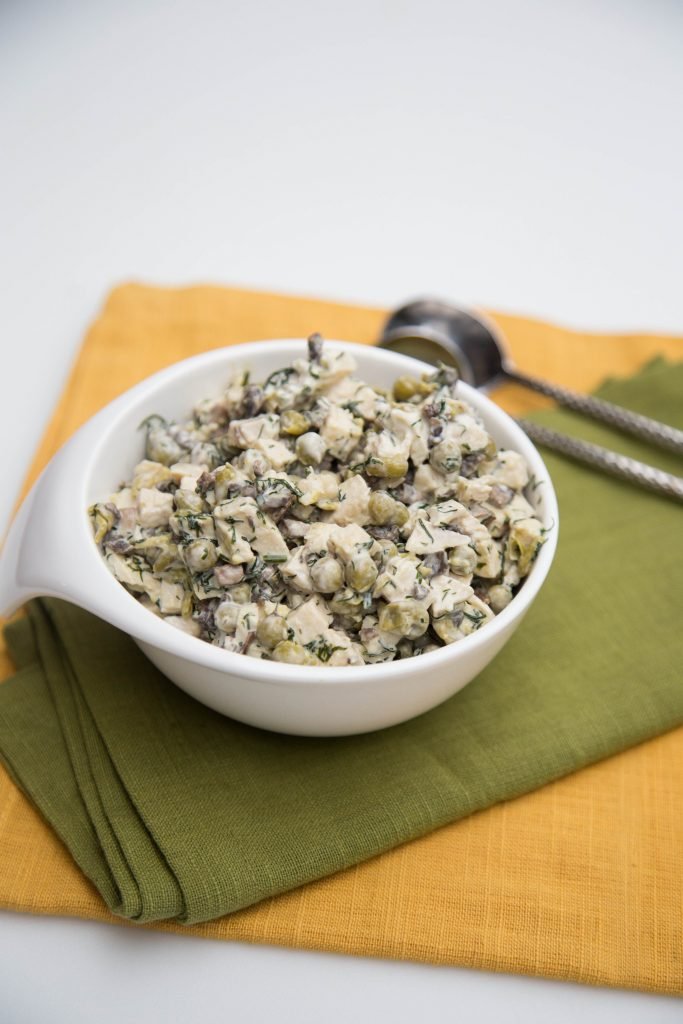 Chicken Mushroom Pea Salad in a bowl