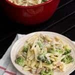 Creamy Chicken Pasta with Broccoli on a plate standing on top of a kitchen towel
