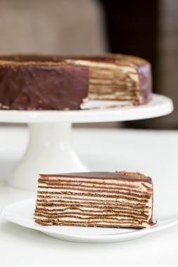 Chocolate Layer Cake (aka Spartak Cake) slice on a plate