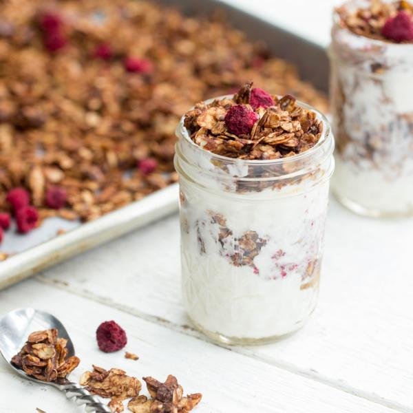 Chocolate Raspberry Granola on a yogurt