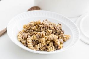 One Pot Beef Mushroom Pasta in a bowl