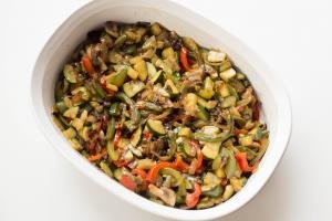 veggies in a ceramic baking pan