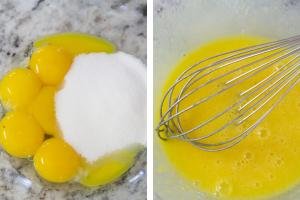 2 photos side by side one with sugar and egg yolk in a bowl and one with the 2 whisked together