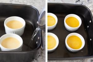 2 photos of bowls with Easy Pumpkin Creme Brulee mixture standing on a hot water bath