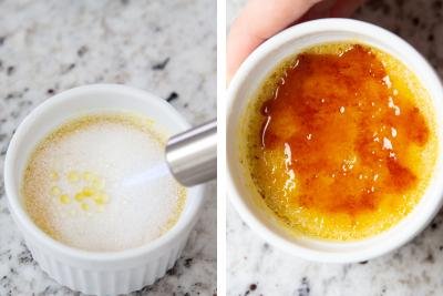 2 photos side by side with the sugar on top of the Pumpkin Creme Brulee being torched