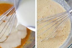 2 photos side by side one of whipping cream being poured into a bowl with a mixture and one of a mixture in a bowl with a whisk