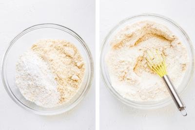 2 photos side by side with a bowl with almond flour, all purpose flour and baking soda being mixed together