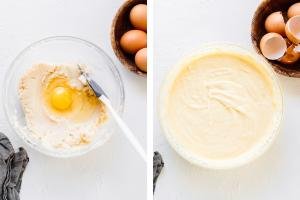 2 photos side by side one with batter and a egg and one with the egg mixed into the batter
