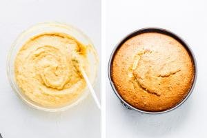 2 photos side by side one with the bowl with batter and one with a cake pan with the cake