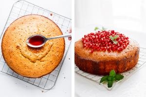 2 photos side by side one with the cake with syrup being poured over it and one with the decorated cake on a baking rack