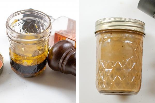 2 photos side by side of Beet Salad Dressing in a jar one not mixed together and one is