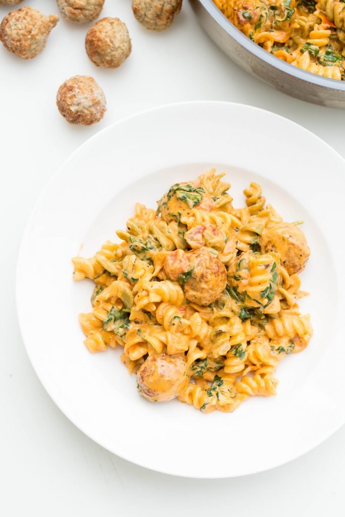 Easy One-Pan Meatball Pasta in a plate