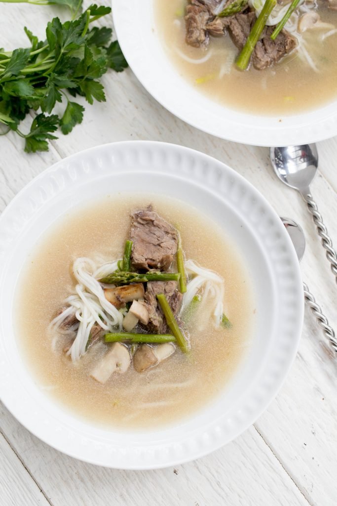 Beef Rice Noodle Soup in a bowl