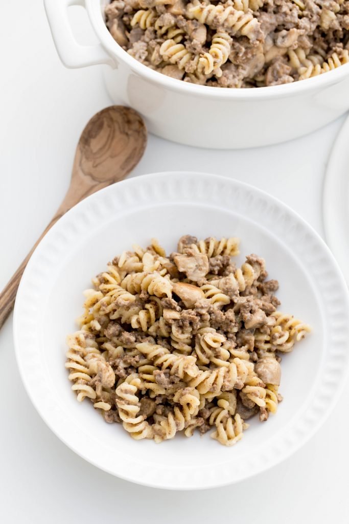 One Pot Beef Mushroom Pasta in a bowl