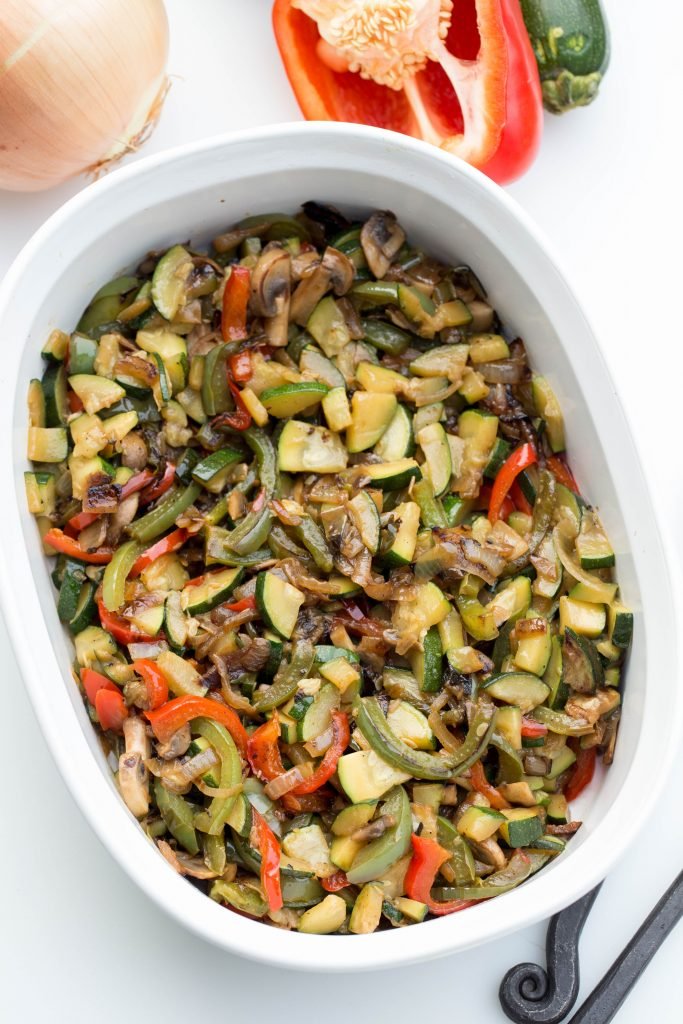 Veggies in a ceramic baking pan