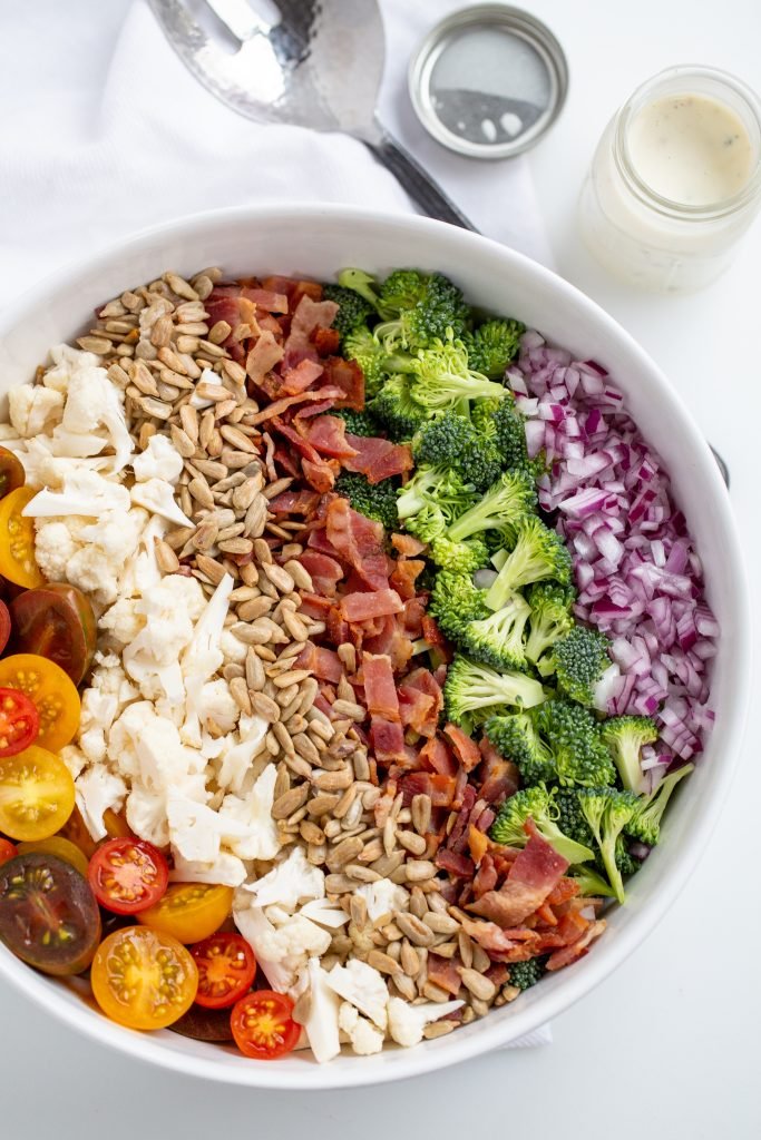 Bowl with salad ingredients.