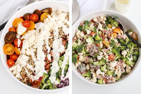 Bowl with salad, dressing getting mixed in.