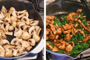Mushrooms cooking in a skillet, another skillet has mushroom and spinach.
