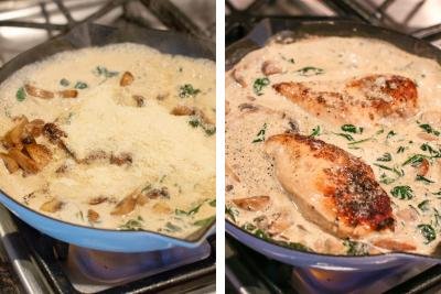Skillet with cream, chicken and sauce.