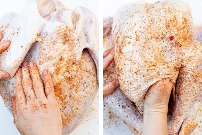 2 photos side by side in both a turkey is being rubbed with a dry seasoning