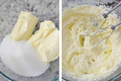 Butter with sugar in a bowl, in another bowl is whisked.