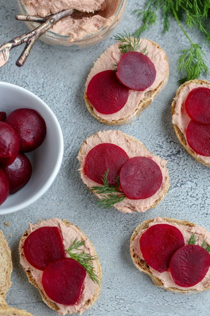 Pickled Beets and Pate Smørrebrød on a tray