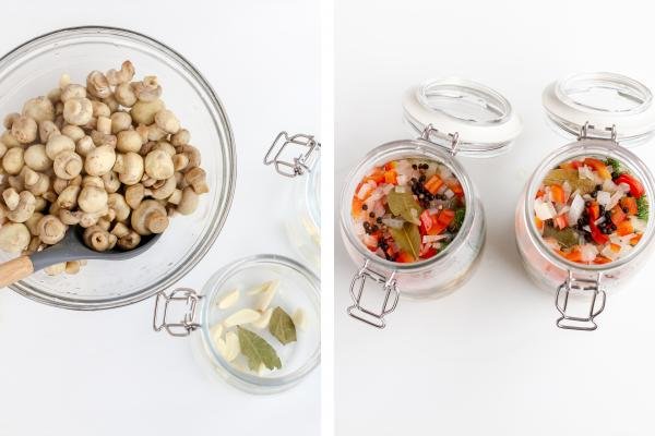 Bowl with cooked mushrooms and jars with veggies