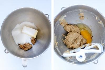 two mixing bowls, one with butter and sugars and another one with whisked ingredients.
