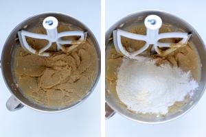 Two mixing bowl with cookie dough in a process.