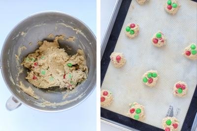 Mixing bowl with cookie dough, baking sheet with cookies.