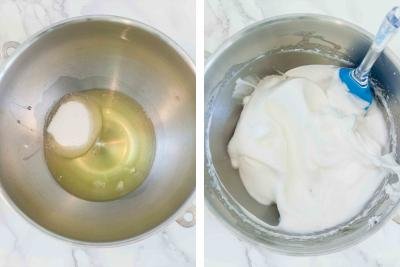 Mixing bowl with egg whites and sugar. Second bowl with whisked egg whites.