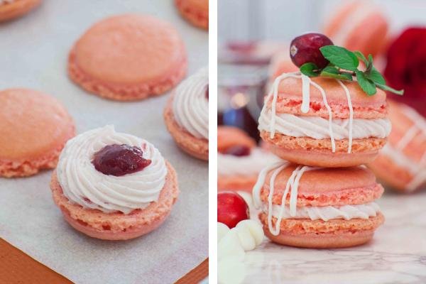 Macarons with cream and cranberry jam. Two macarons on top of each other.
