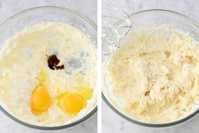 two bowls, one with eggs and one with whisked ingredients.