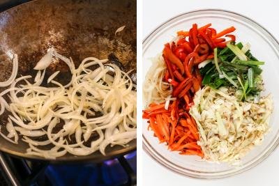 Wok with onion, bowl with sautéed vegetables