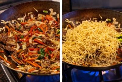 Wok dish with vegetables and another wok with yakisoba noodles.