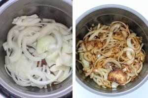 Two instant pot bowl, one with raw onion another golden onion.