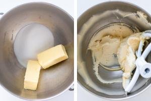 Two bowls, one with butter and sugar. Another bowl with whisked butter with sugar.